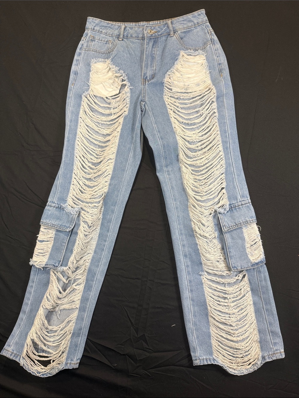 SHEIN Light Blue Distressed Straight-Leg Jeans with Cargo Pockets Size 28 NWOT